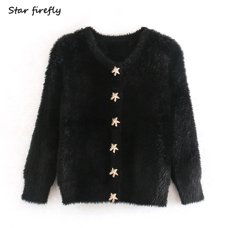 

Star firefly Fashion Za Cardigan Women 2020 Spring New Casual Slim Solid Round Neck Single Breasted Faux Fur Effect Coat