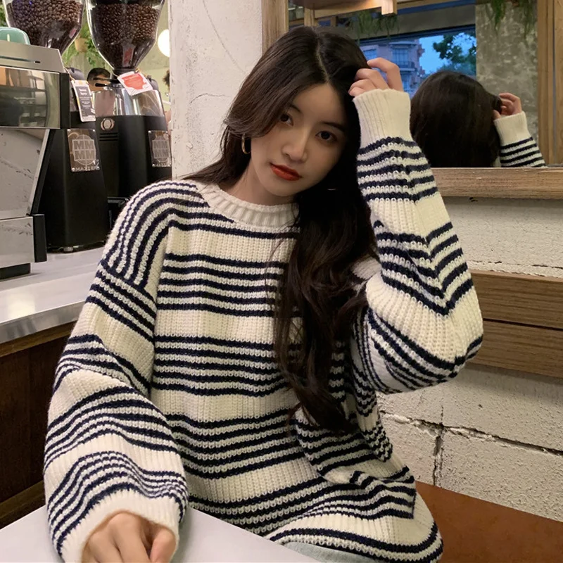 

Striped Sweaters Women Autumn Winter Long Sleeve Korean Lazy Style All Match O-neck Vintage Sweet Classic Streetwear Sweater