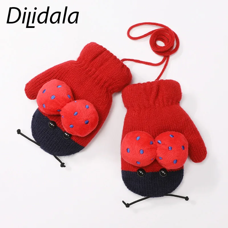 Dilidala Children Knitted Gloves Kid New Full Finger Double Layer Plus Velvet Thickening Cute Ear Bear Cartoon Child Gloves
