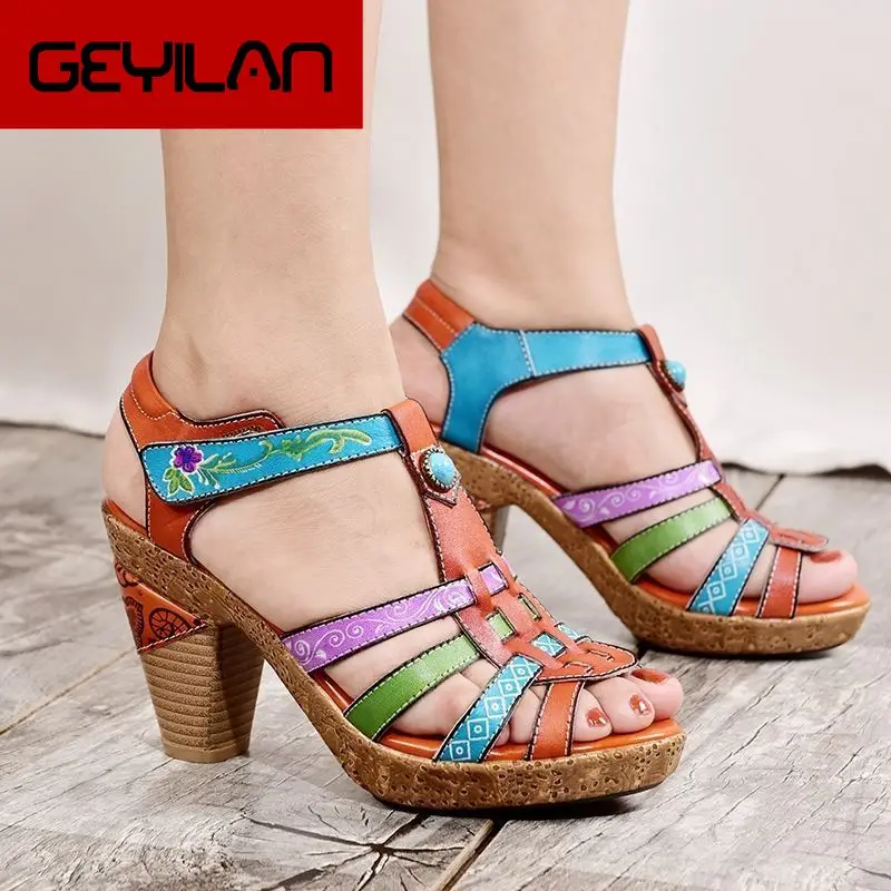 

Women Shoes Gladiator Sandals Genuine Leather Open Toes Vintage Rome Style Lady Summer High Heel Sandals Plus Size
