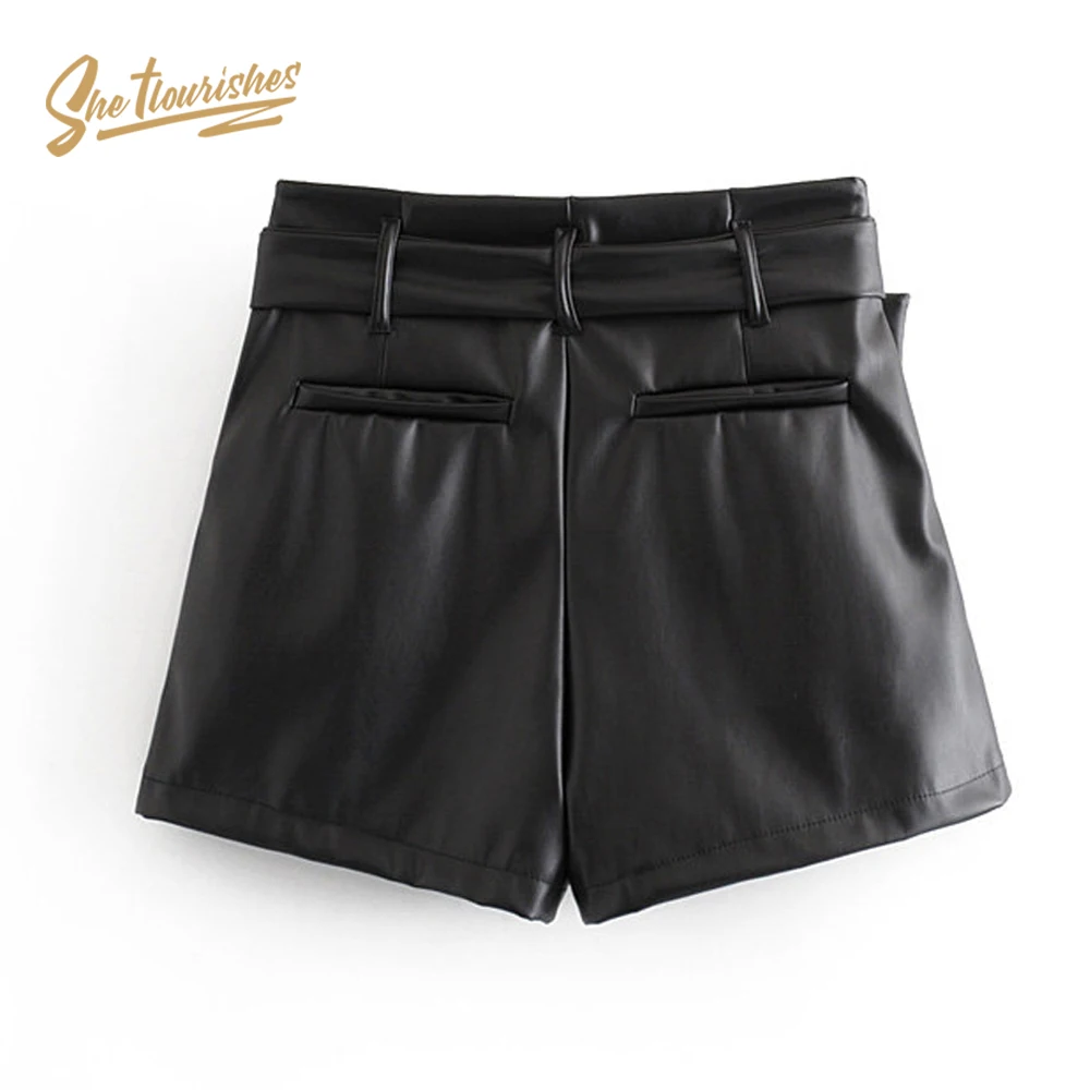 Женские шорты sheflouses из искусственной кожи с высокой талией, сексуальные зимние шорты с поясом, офисные повседневные шорты с карманами, черные, бежевые, SFA4d