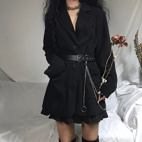 black Neploe, офисные женские блейзеры с вытачками, длинный рукав, женское осеннее пальто в стиле Харадзюку, большие размеры, черная куртка средней длины с поясом 55504 - Цвет: black