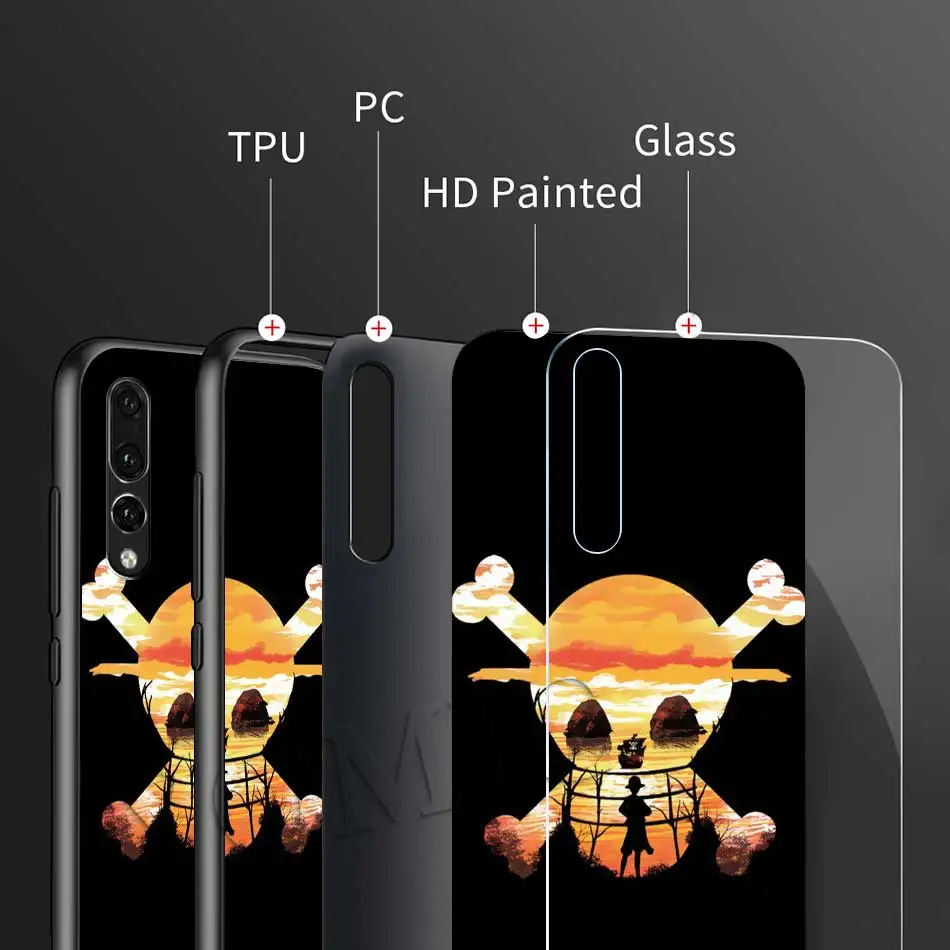One Piece Anime logo Tempered Glass Cases for Huawei P30 Pro P10 P20 Lite Mate 20 Lite Honor 20 Pro 8X Phone Cover