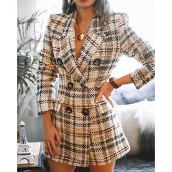 Chaqueta de lana con estampado a cuadros para mujer, Blazer ajustado de manga larga con muescas para oficina, de doble botonadura, para otoño