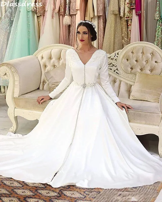 

Pure White Evening Dress Satin A-line Sweep Train Long Sleeves V-neck Simple Lace Applique For Wedding Party Prom Dress vestidos
