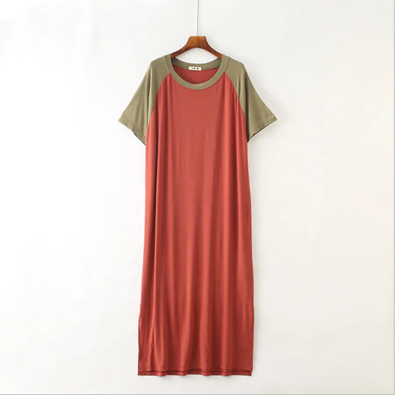 Free size women's nightgowns brief causal modal material round neck candy color patchwork calf-length softy sleep dress - Цвет: Кораллово-Красный