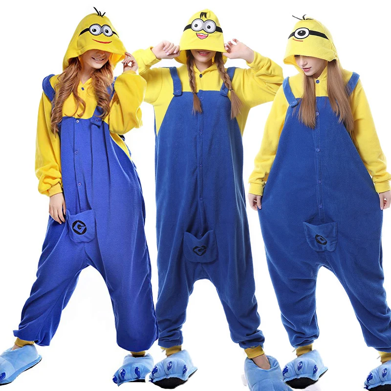 Взрослых маленький желтый человечек косплэй пижамы Onesie для женщин мужчин животных мультфильм с капюшоном Хэллоуин костюм для Вечери
