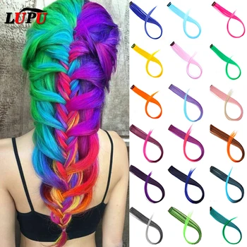 

LUPU Long Straight Rainbow Hair Extensions Clip in Single Piece Ombre Pink Grey Synthetic Hair Strands on Clips