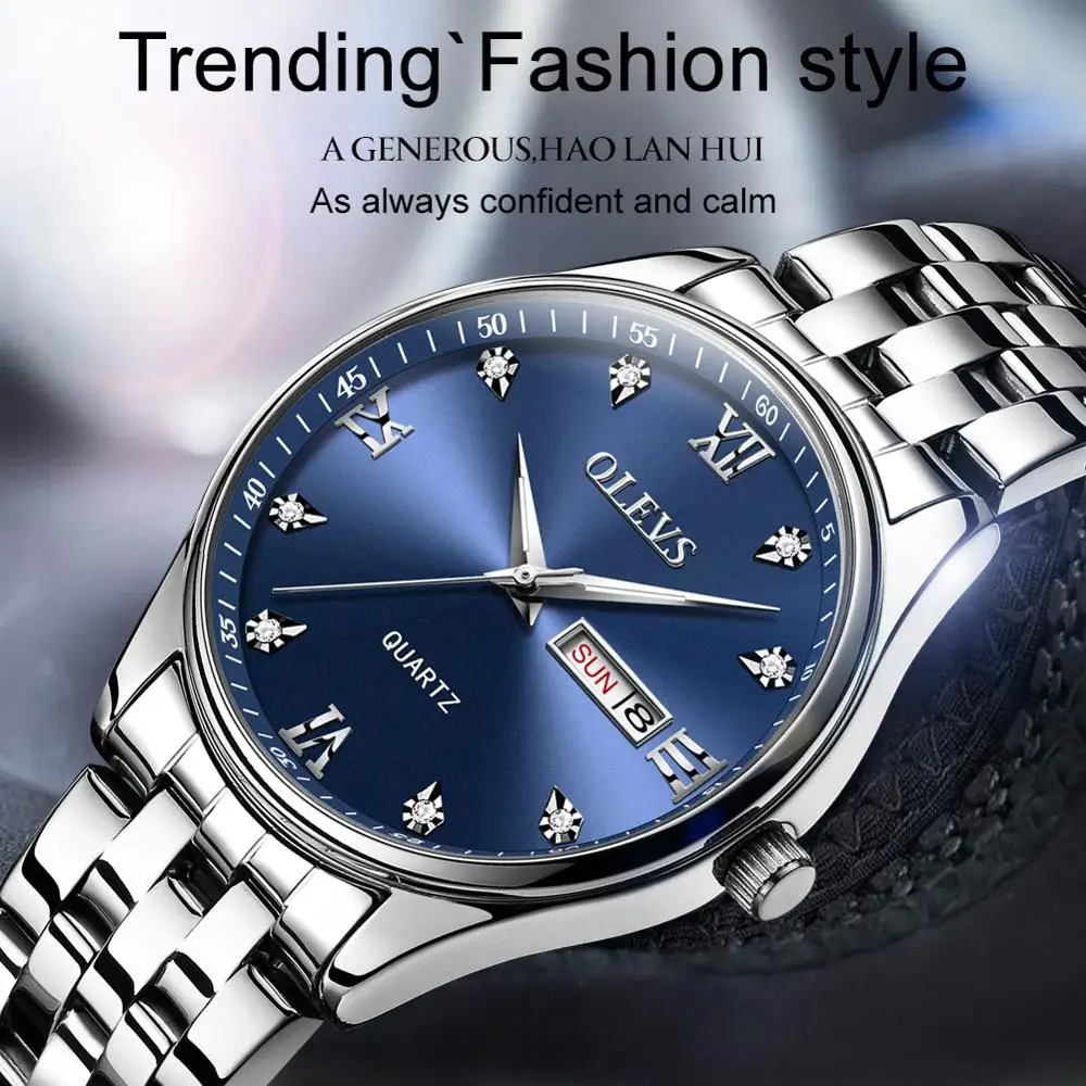 

Latest Waterproof Quartz Olevs Diamond Watch With Date Manâ€™s Choice Male Favourite Easy Buckle Wristwatch for father's gift