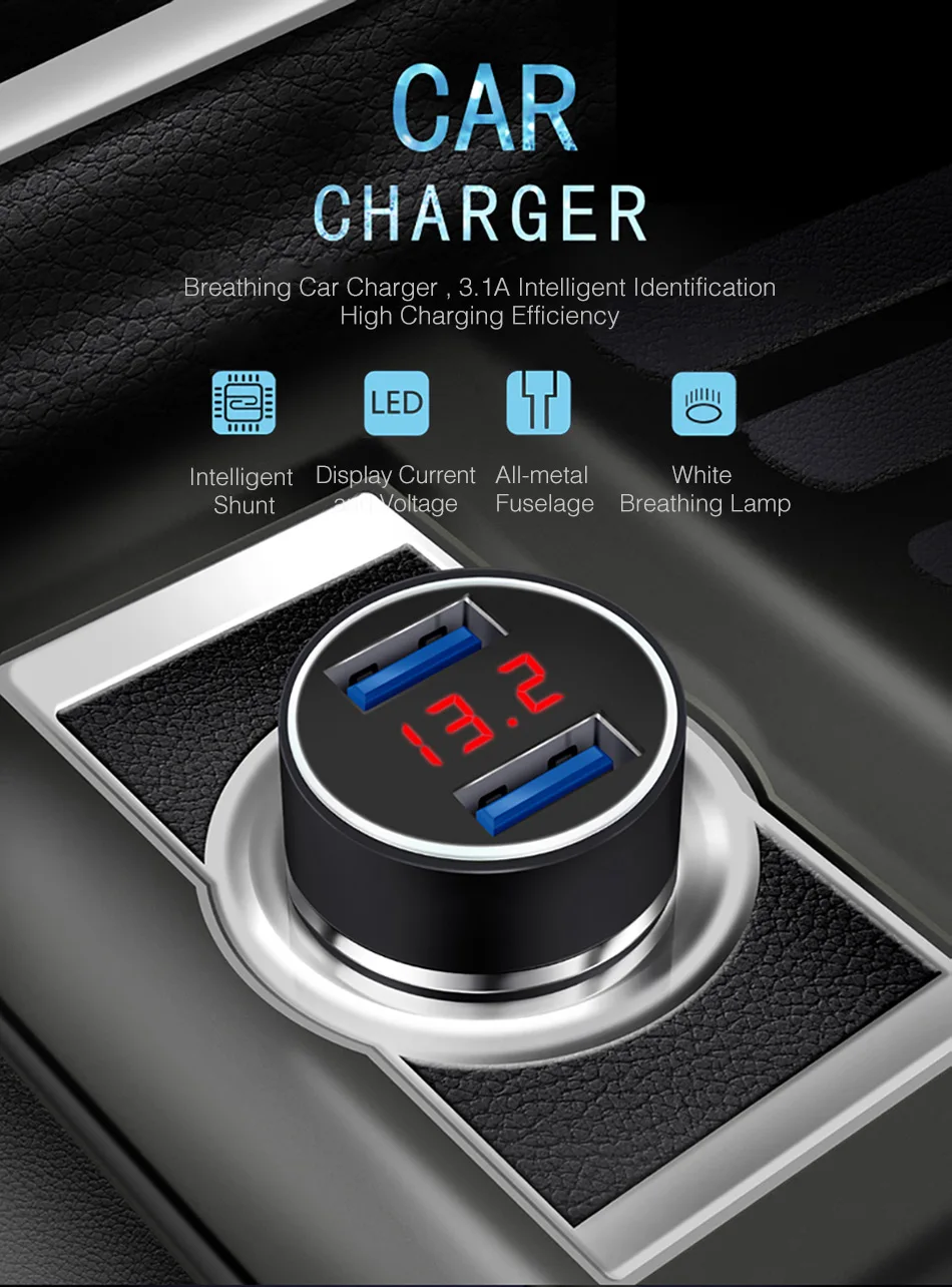 YKZ, автомобильное зарядное устройство с двумя usb-портами 3,1 А, светодиодный адаптер Diaplay для быстрой зарядки мобильного телефона для iPhone, Xiaomi, samsung, автомобильное зарядное устройство в автомобильном адаптере