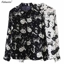 *#Best Price Black Cat Print Chiffon Blouses Women High Street Shirts Loose Soft White Designer Blouses New 2020 Spring Fashion Women Blouse *#Best Price Black Cat Print Chiffon Blouses Women High Street Shirts Loose Soft White Designer Blouses New 2020 Spring Fashion Women Blouse