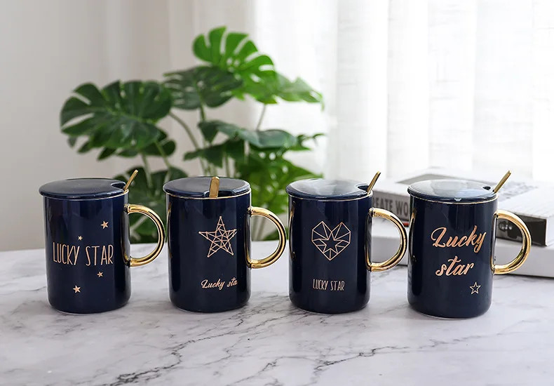 "Lucky Star" Современное красивое керамическое кружка с Ложка Крышка чайные чашки для молока кофе домашняя офисная кружка посуда подарок