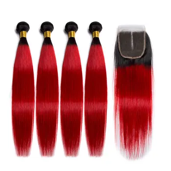 

ALIBELE 1B Red Ombre Straight Hair Bundles with Closure Remy Human Hair Weave Red Colored Peruvian Hair 3 Bundles With Closure