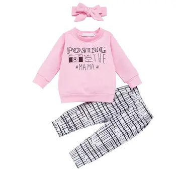 

Autumn Baby Girls Clothes Sets Long Sleeve Letters Blouse T-shirt Striped Trousers With Headband Outfits Clothes Pink Color