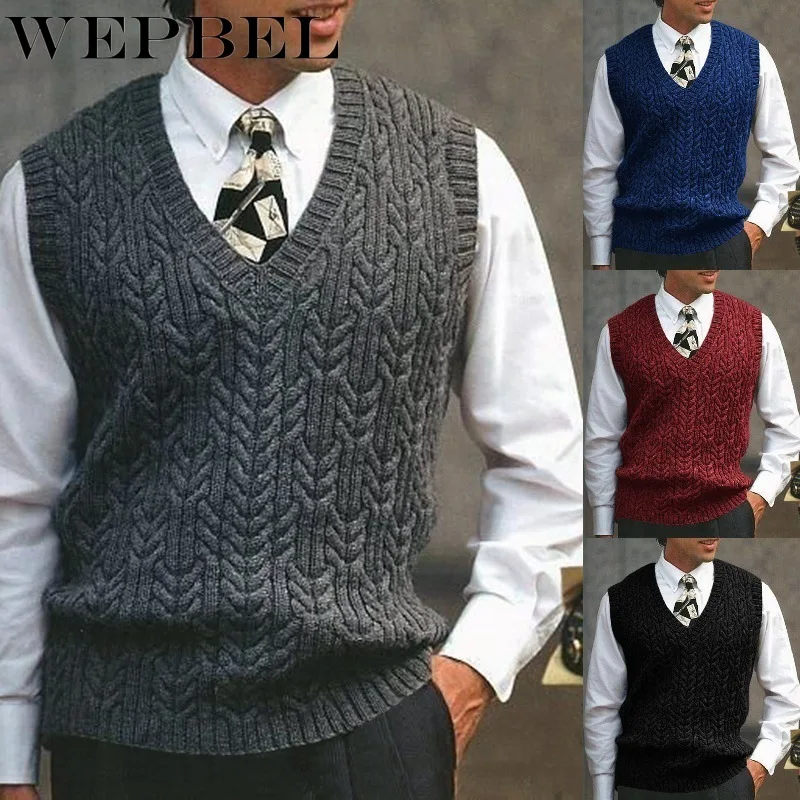 

WEPBEL Autumn and Winter Fashion Solid Color Slim-Fit Sweater Vest Men's Casual Sleeveless V-neck Warm Knitted Vest