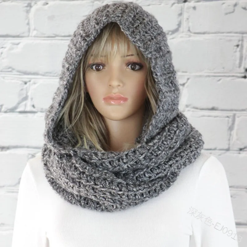 Solid Color Wool Hat Scarf Women Fashion Casual Knit Hooded Scarf Autumn Winter Warm Retro Scarf With Cap 4