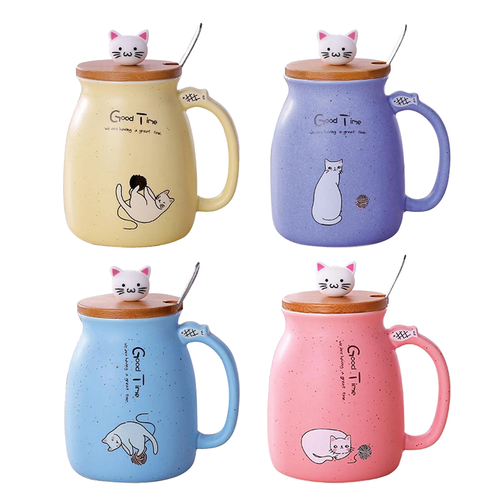 Cute Cat Ceramic Cup Hot Cold Tea Cup Milk Coffee Mug with Spoon Lid Pink