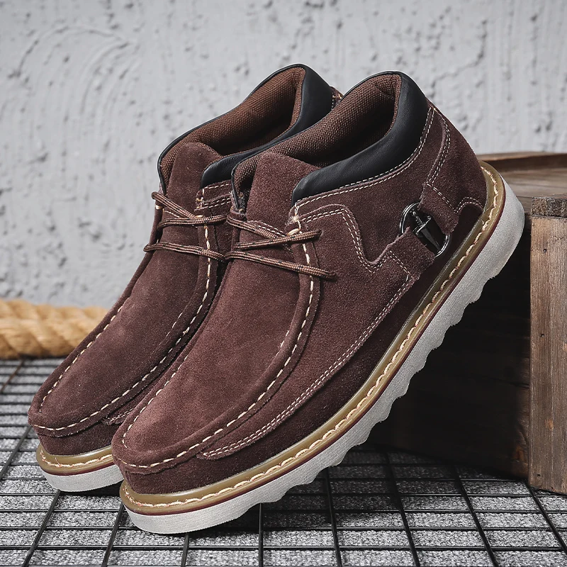 Г., Мужская зимняя замшевая обувь на меху теплые плюшевые повседневные ботильоны удобная мужская рабочая обувь для вождения, обувь в деловом стиле - Цвет: DarkBrown