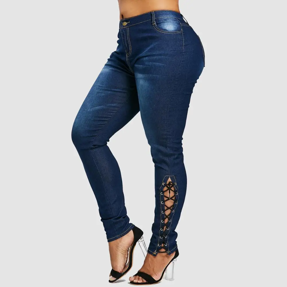 Wipalo Plus Size 5XL Zipper Sexy Fly Side Lace Up Jeans Femme High Waist Pencil Denim Pants Mom Big | Женская одежда