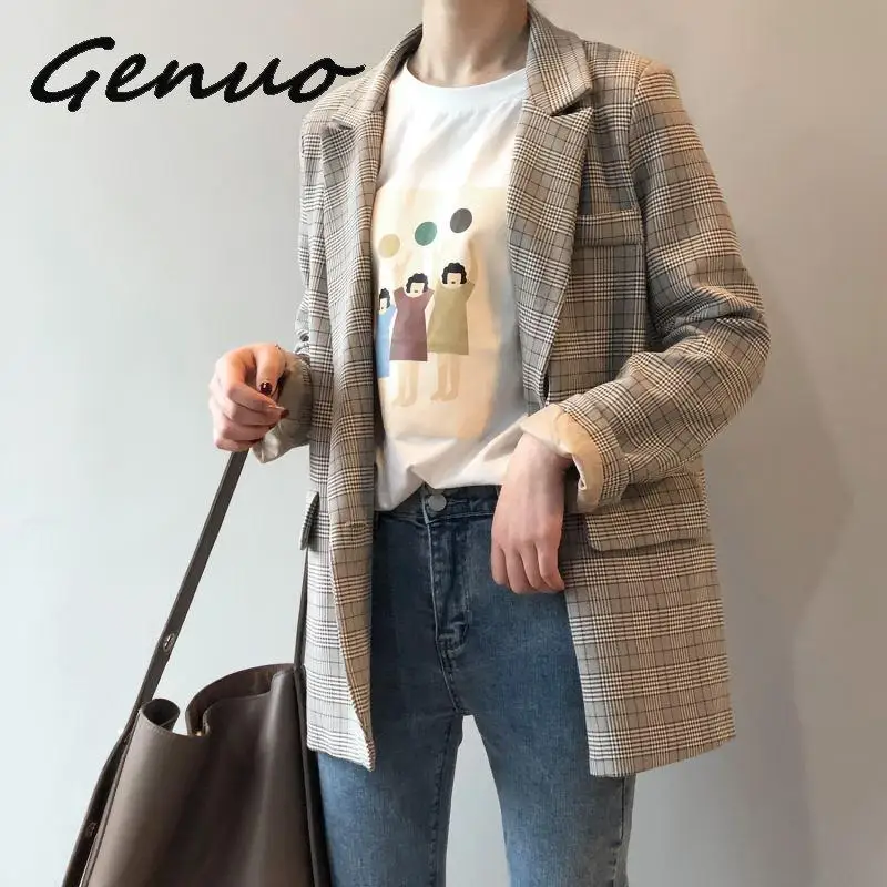 Genuo, новинка, весенне-осенний Блейзер, тонкий, корейский, Восстановленный, клетчатый костюм, свободный костюм, Harajuku, винтажная куртка, женская верхняя одежда