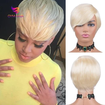

Human Hair Wig Short Straight Bob Pixie Cut Wig With Bangs 100% Remy Brazilian Hair 613 Blonde Human Hair Wigs For Black Women