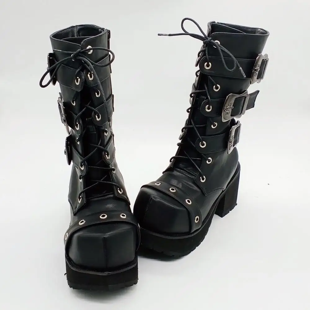 BlackHighPlatformMotorcycleBootsRhombusToeMenPunkMartinPU