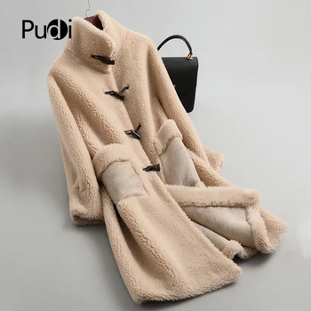 

PUDI B404804 women winter 100% real wool fur buckle horn warm jacket coat lady age reduction Long coat jacket over size parka