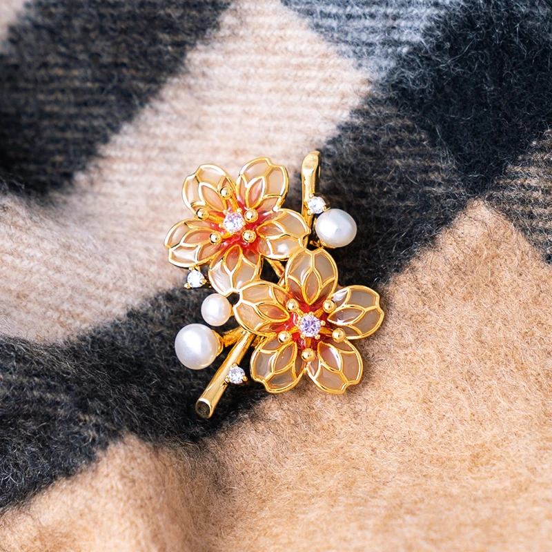 Freshwater Pearl Flower Brooch For Women Gold Plated Cherry Blossoms Pins Shiny Zircon Jewelry Dress Scarf Hat Clothes Gifts | Украшения и