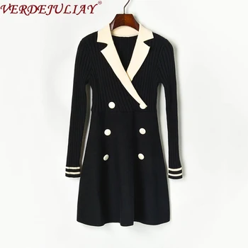 

VERDEJULIAY European Office Lady Suit Style Dresses A-Line 2020 Spring New Three Color Solid High Quality Knitting Women Dress