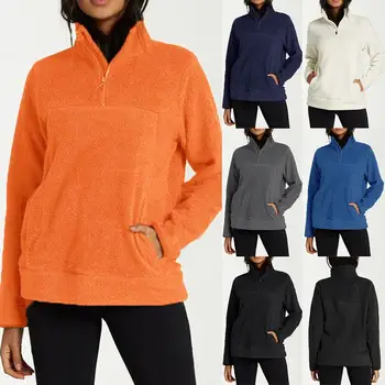 

Women Autumn Winter Outdoor Activity Zipper Up Stand Collar Pocket Warm Casual Plush Pullover Sweatshirt