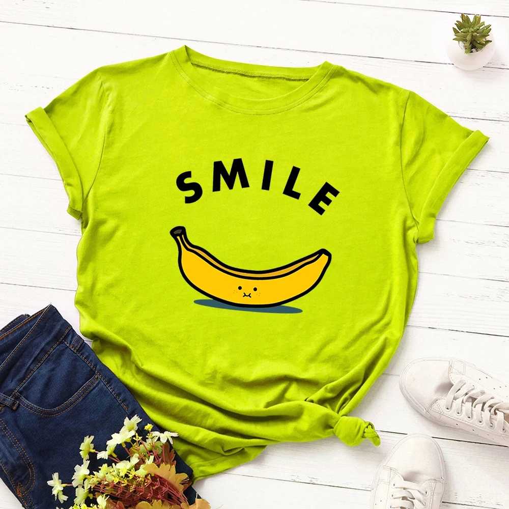 Женская футболка с буквенным принтом и смайликом, хлопковая футболка с коротким рукавом, топы размера плюс, принт с фруктами и бананами, футболки, уличная одежда для девочек - Цвет: Fluorescent Green