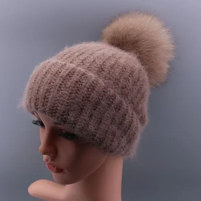 Вязанные шапки-бобы, зимняя шапка Skullies для женщин, винтажная женская шапка с кроличьим мехом, Лыжные шапки с помпоном из натурального Лисьего меха - Цвет: Khaki - Fox Fur