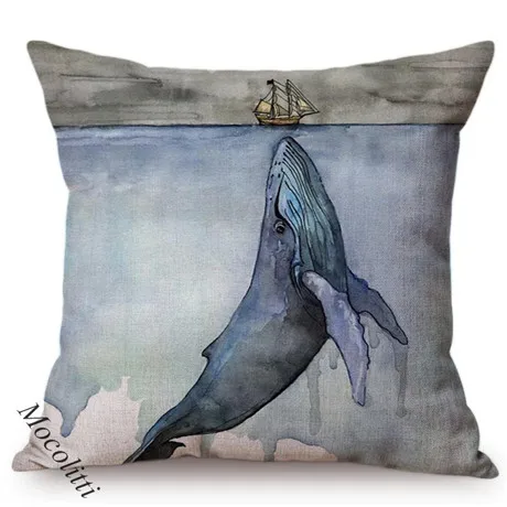 Blue Whale Style Ocean Animal Cushion Cover Water Color Painted Girls and Whale Dolphin Fairy Tales Decoration Sofa Pillow Cover 0097-8