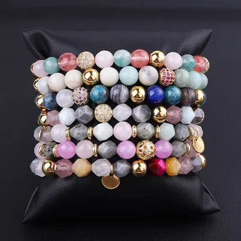 New Fashion 8mm Mix Natural Stone Beaded CZ Pave Ball Charm Elastic Beads Bracelet For Women Jewelry Gift
