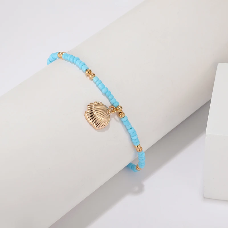 Docona Boho Shell синий бисерный ножной браслет для женщин Seashell Регулируемый Браслет для ног Ювелирные изделия C05208