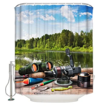 

Fishing Scenic Outdoor Lake Shower Curtain Waterproof Bathroom Curtain Polyester Bath Curtain Home Decor 12 Hooks