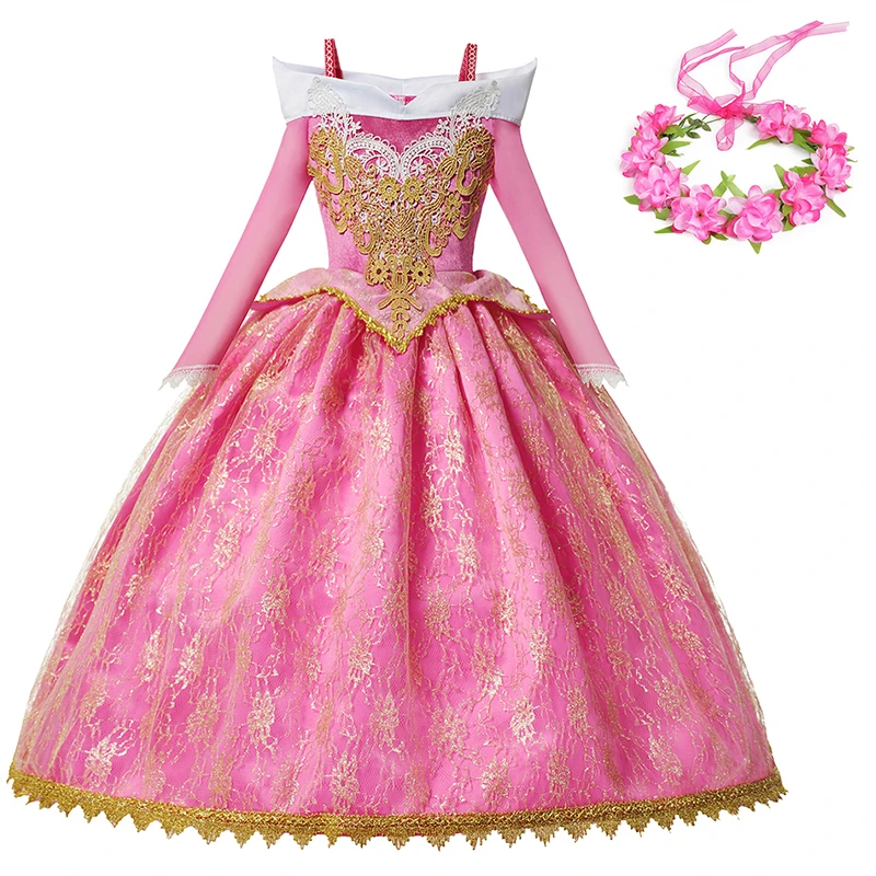 Costume De La Belle Au Bois Dormant Pour Filles Robe De Princesse Rose A Manches Longues A Fleurs Pour Fete De Noel Robe De Bal Robes Aurore Aliexpress