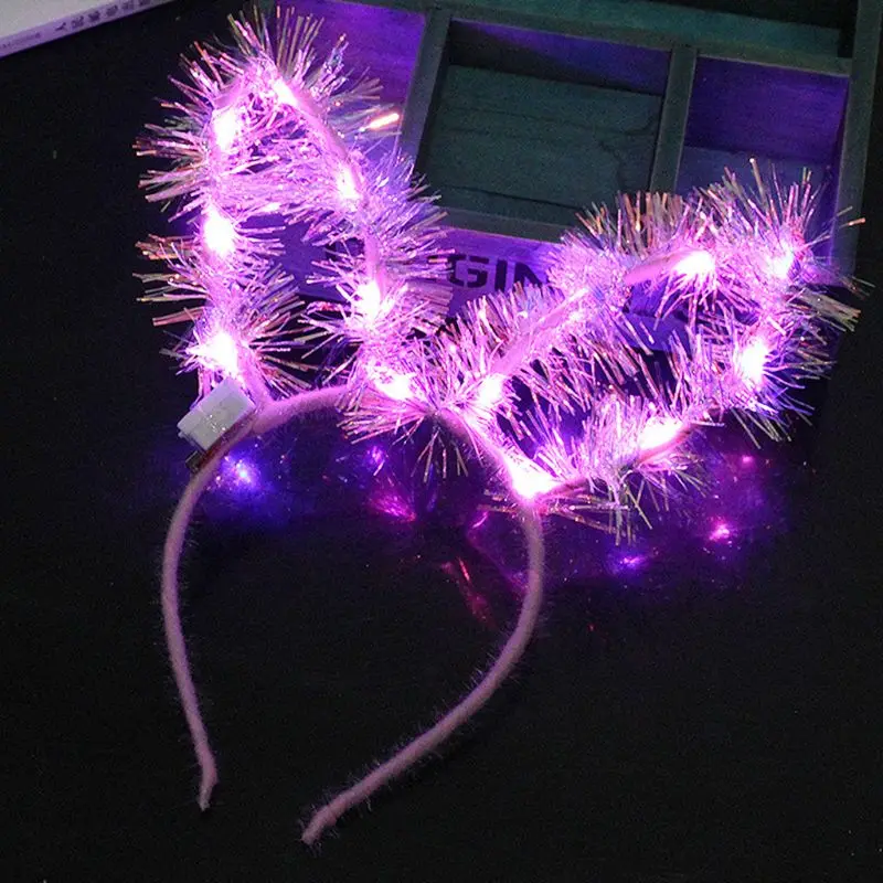 Women Girls Long Rabbit Ears LED Glow Headband Flashing Hair Hoop Fluffy Glitter Hologram Tinsel Christmas Holiday Party Costume - Цвет: PK