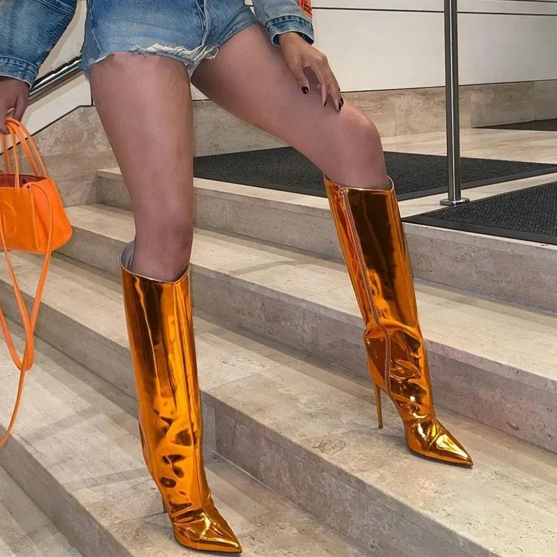 Metallic Leather Women Knee High Boots Stilettos Heels Pointed Toe Fashion Female Party Shoes Nightclub Reflective Mujer | Обувь