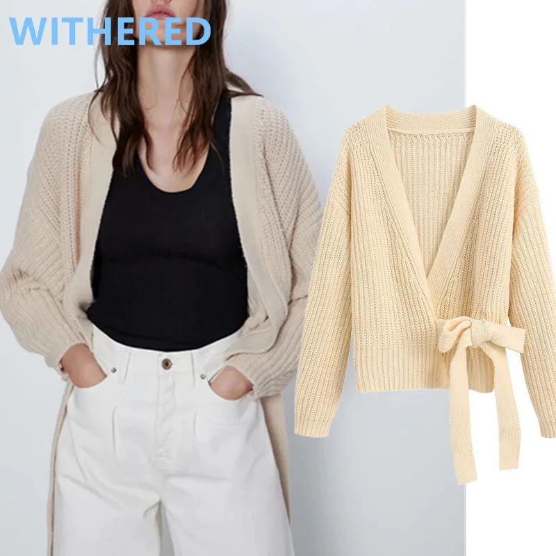 

Withered 2020 spring cardigans women england simple solid sashes short loose knitting jacket cardigans women sweaters women tops