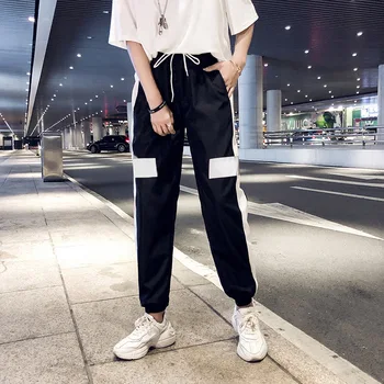 

Casual Women Pants High Waist Concise Pant Color-blocked Loose Sport Pants Streetwear Fashion All-match Personality Trousers