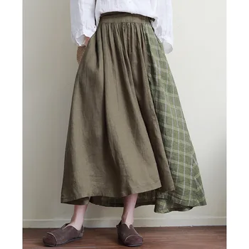 

New Autumn Linen Skirt art loose drawstring irregular splicing long skirts for women