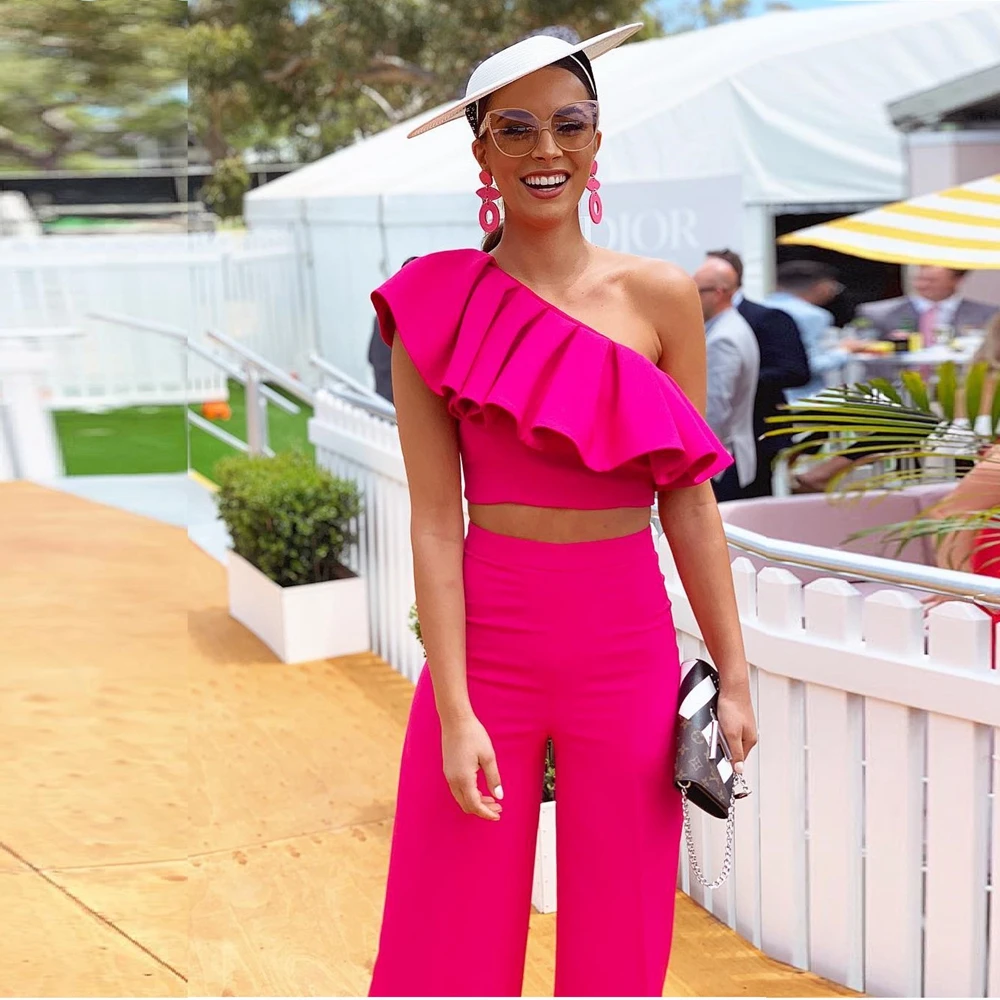 

2019 New Fashion Pink Ruffles one Shoulder Bandage Jumpsuit Two 2 Pieces Sexy Women Solid Autumn Celebrity party Wholesale Club