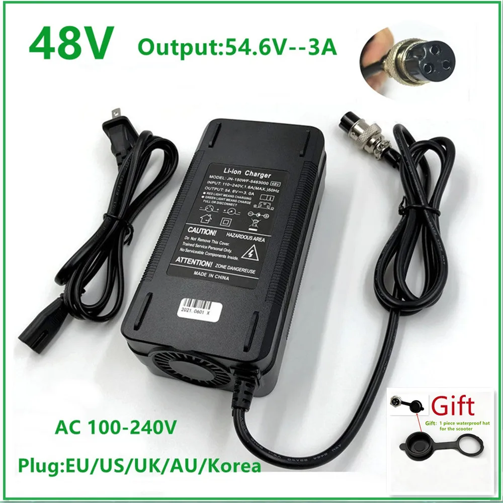 54.6V 2.5A Electric Bike Charger for 48V Lithium Battery Pack 3 Prong Inline Sockets 