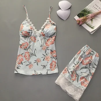 

Summer Pajamas Sets Women's Floral Print Sexy V-neck Padded Chest Lingerie Nighties Pijamas Sets Satin & Lace Short Pants
