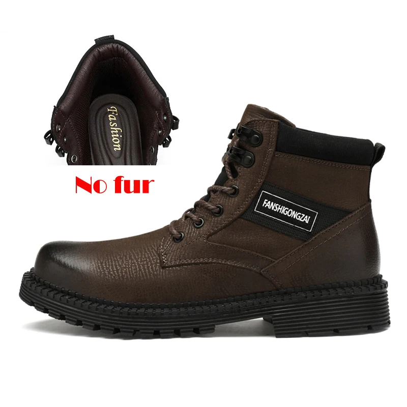 Мужские ботинки из натуральной кожи; зимние ботинки на шнуровке с Плюшевым Мехом; Мужская обувь; сезон осень-зима; большие размеры - Цвет: Brown no fur