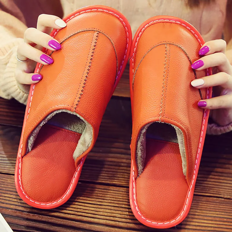 

Comforthable ladies slippers short plush genuine leather shoes women fluffy slippers unisex indoor slippers autumn/winter 2019