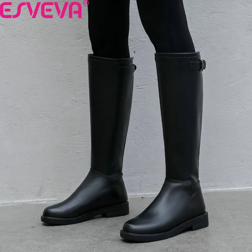 

ESVEVA 2020 Cow Leather Autumn Winter Concise Knee High Boots Round Toe Fashion Square Heel Buckle Zipper Women Shoes Size 34-42