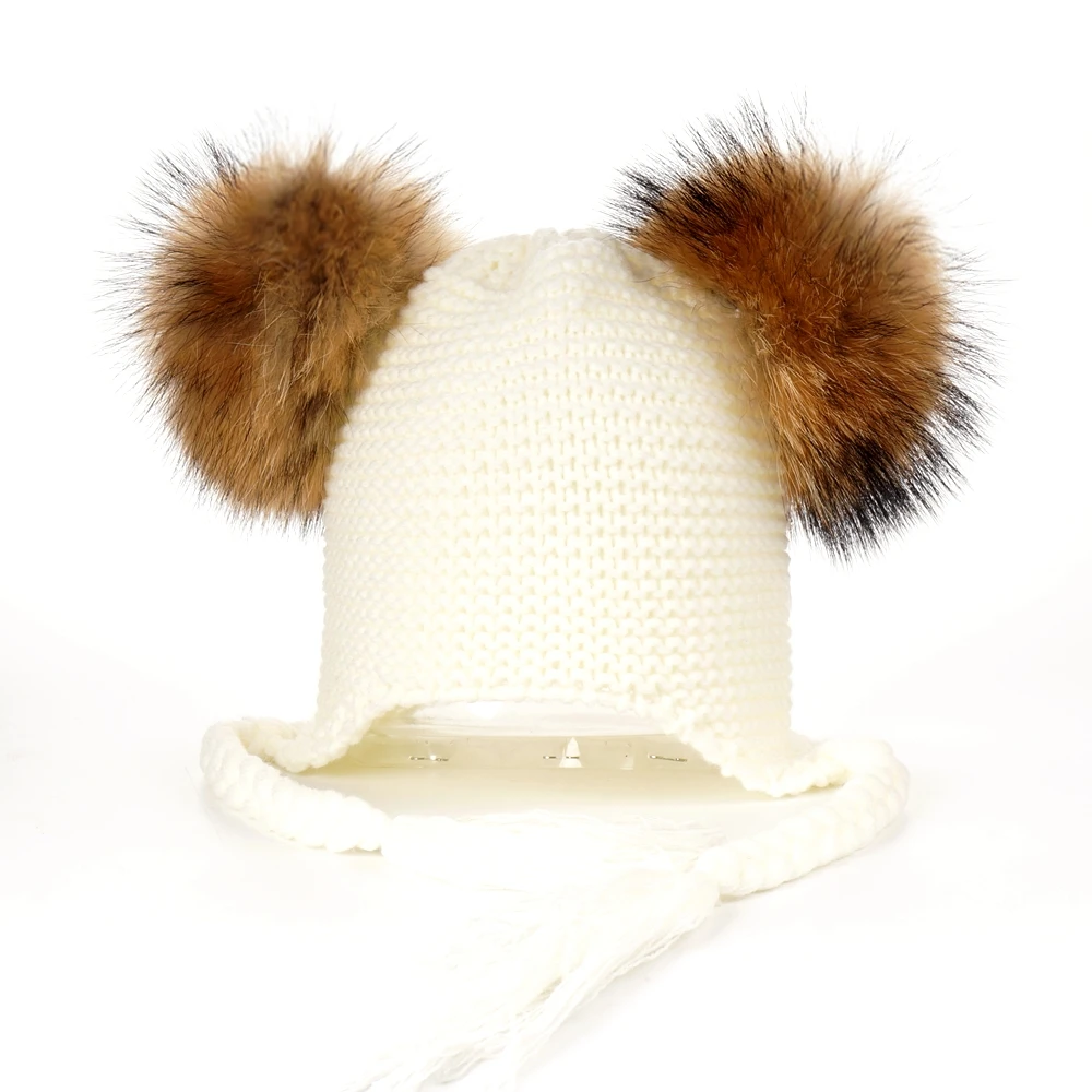 13CM POMPOM Детская зимняя шапка мяч из натурального меха енота помпон шапочки для детей мальчиков и девочек Теплые шапки с защитой ушей - Цвет: 13CM POMPOM