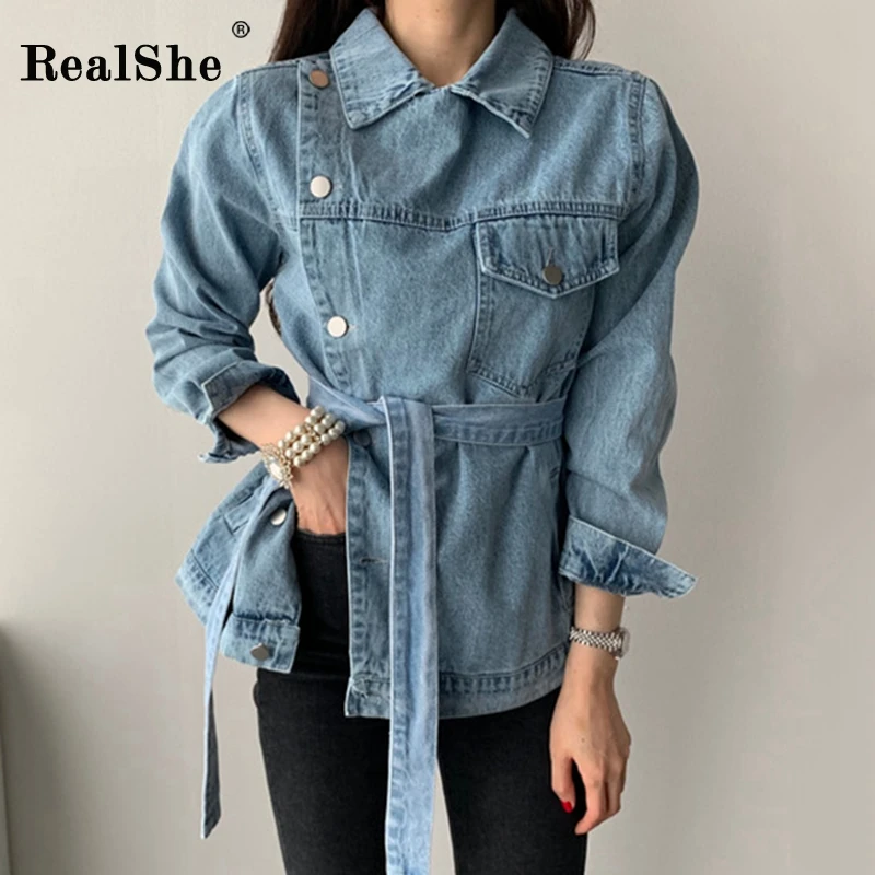 RealShe джинсовая женская куртка с отворотом, длинным рукавом, пуговицами и поясом, женская джинсовая куртка, Женская Весенняя Повседневная элегантная женская куртка